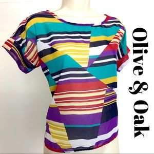 Olive & Oak Silk Top w/multicolored geometric